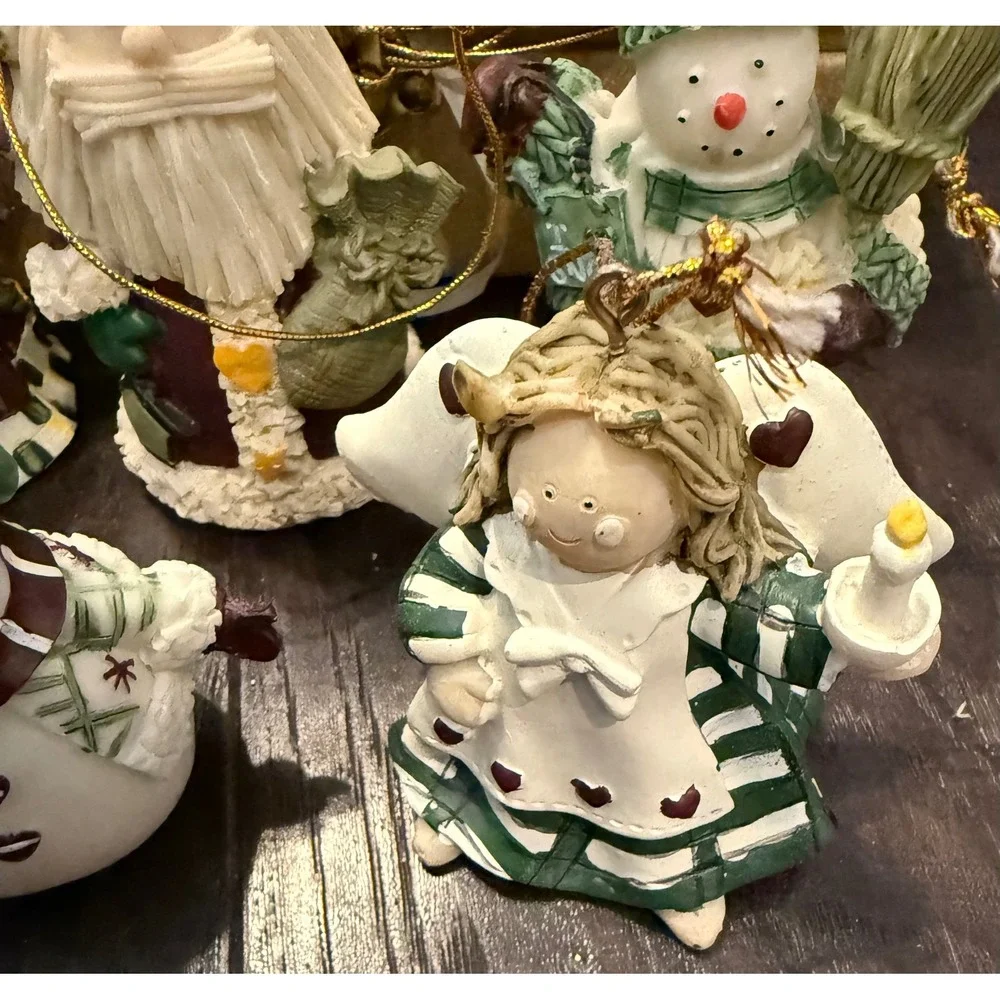 Holiday Treasures Ornament Set Snowman Angel Rustic Resin 5pc With Box Folk Art
